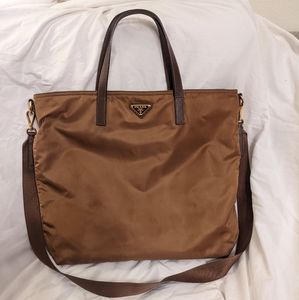 Authentic Prada tessuto nylon and saffiano leather detail tote bag, tan/brown